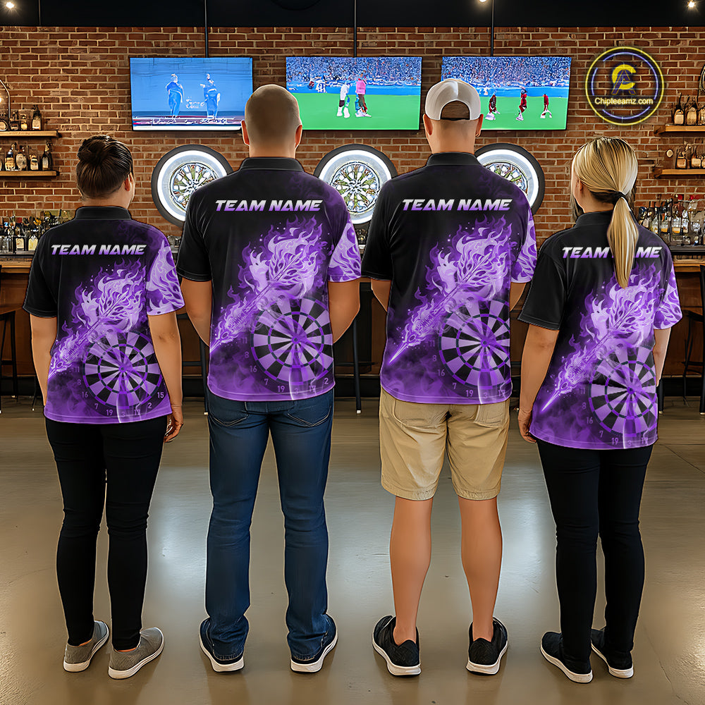 Custom Smoke Purple Fire Flaming Dart Arrow Men Darts Quarter-Zip League Shirts Dart Team Jerseys NYN2214