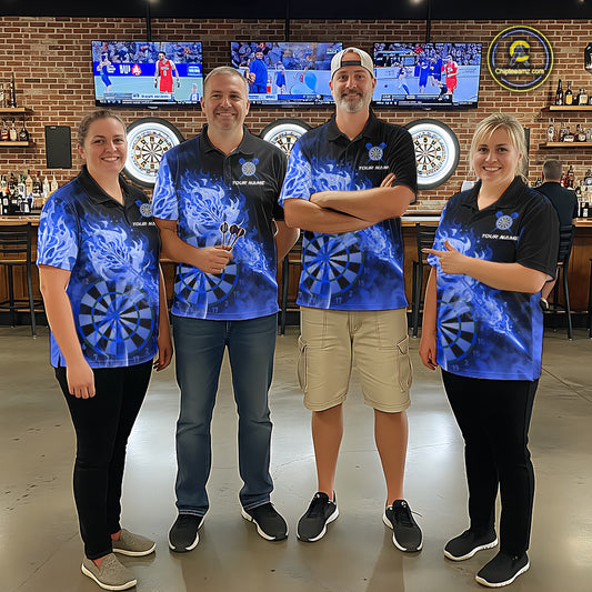 Custom Smoke Blue Fire Flaming Dart Arrow Men Darts Quarter-Zip League Shirts Dart Team Jerseys NYN2215