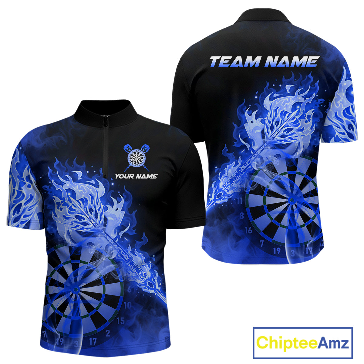 Custom Smoke Blue Fire Flaming Dart Arrow Men Darts Quarter-Zip League Shirts Dart Team Jerseys NYN2215