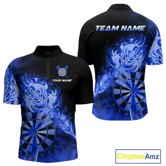 Custom Smoke Blue Fire Flaming Dart Arrow Men Darts Quarter-Zip League Shirts Dart Team Jerseys NYN2215