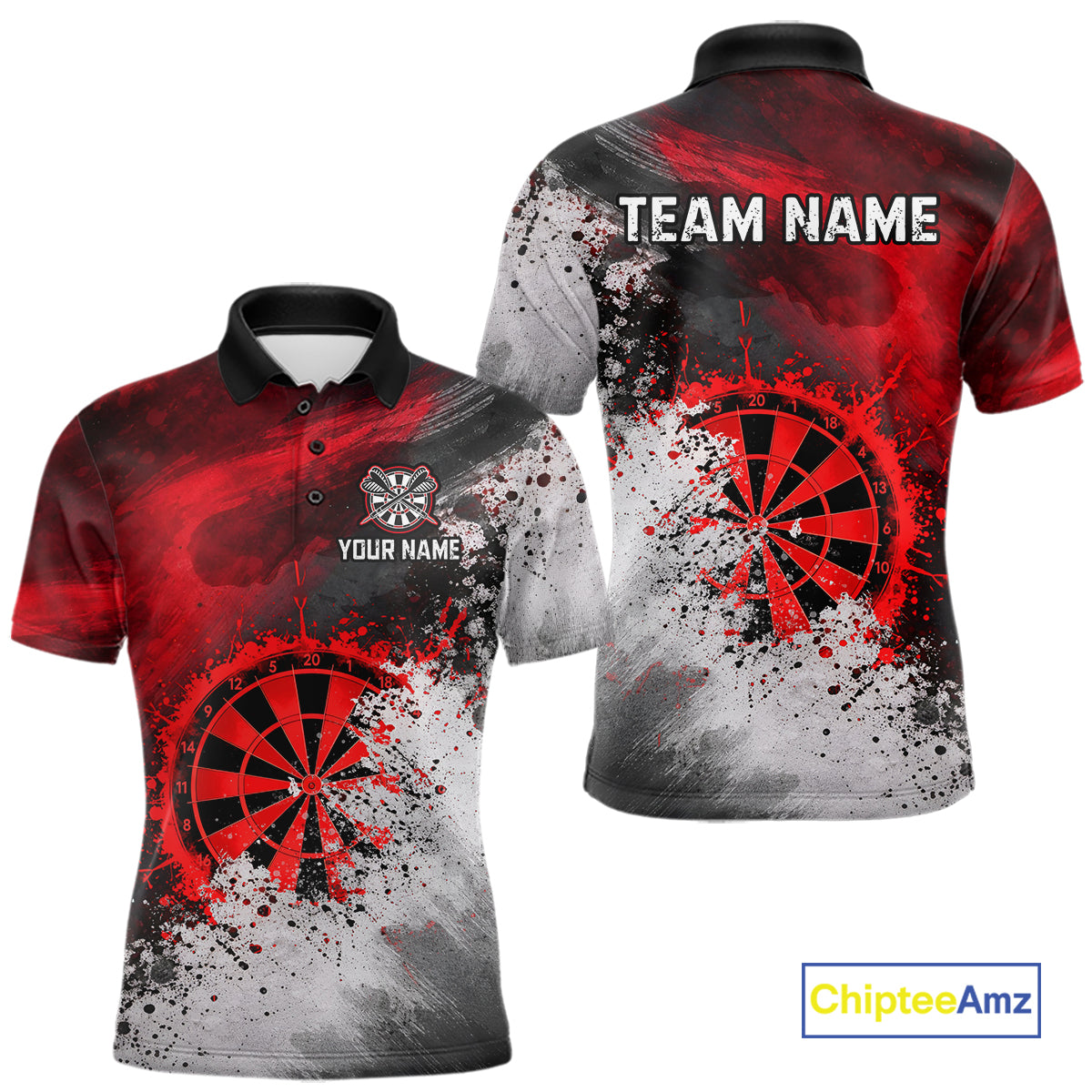 Custom Grey & Red Grunge Paint Dartboard Darts Polo Shirt For Men Outfit Dart Team Jerseys NYN2509