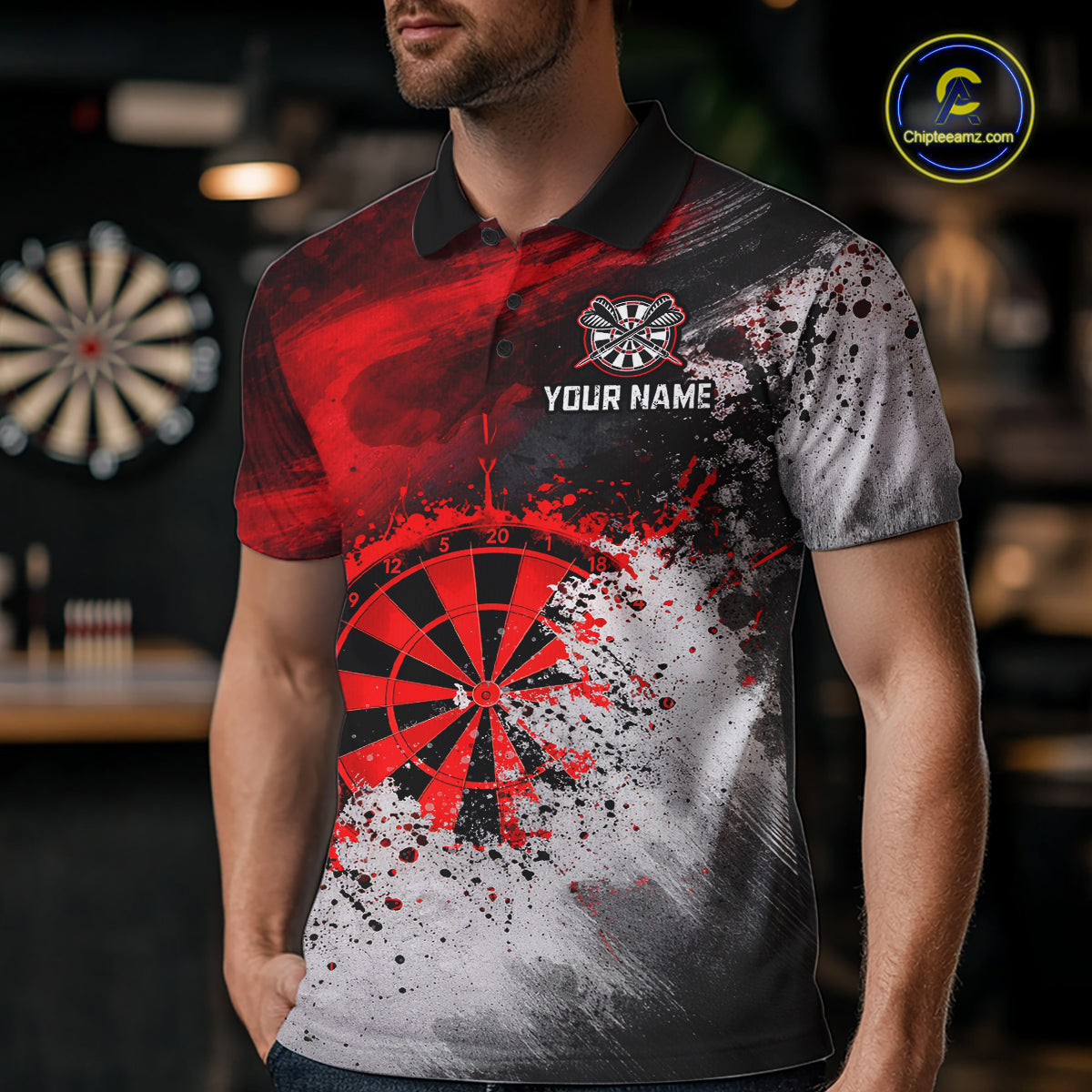 Custom Grey & Red Grunge Paint Dartboard Darts Polo Shirt For Men Outfit Dart Team Jerseys NYN2509