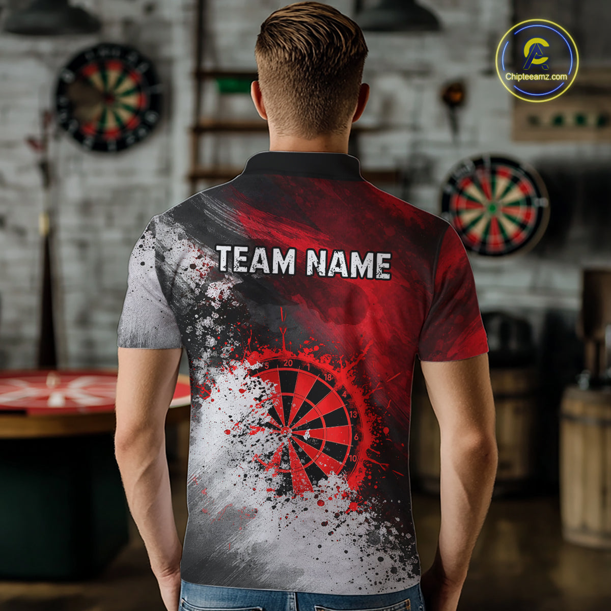 Custom Grey & Red Grunge Paint Dartboard Darts Polo Shirt For Men Outfit Dart Team Jerseys NYN2509