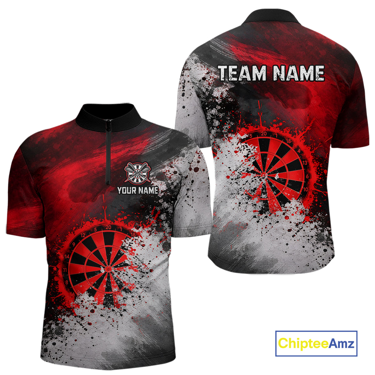 Custom Grey & Red Grunge Paint Dartboard Darts Quarter-Zip Shirt For Men Outfit Dart Team Jerseys NYN2509