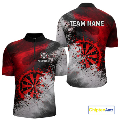 Custom Grey & Red Grunge Paint Dartboard Darts Quarter-Zip Shirt For Men Outfit Dart Team Jerseys NYN2509