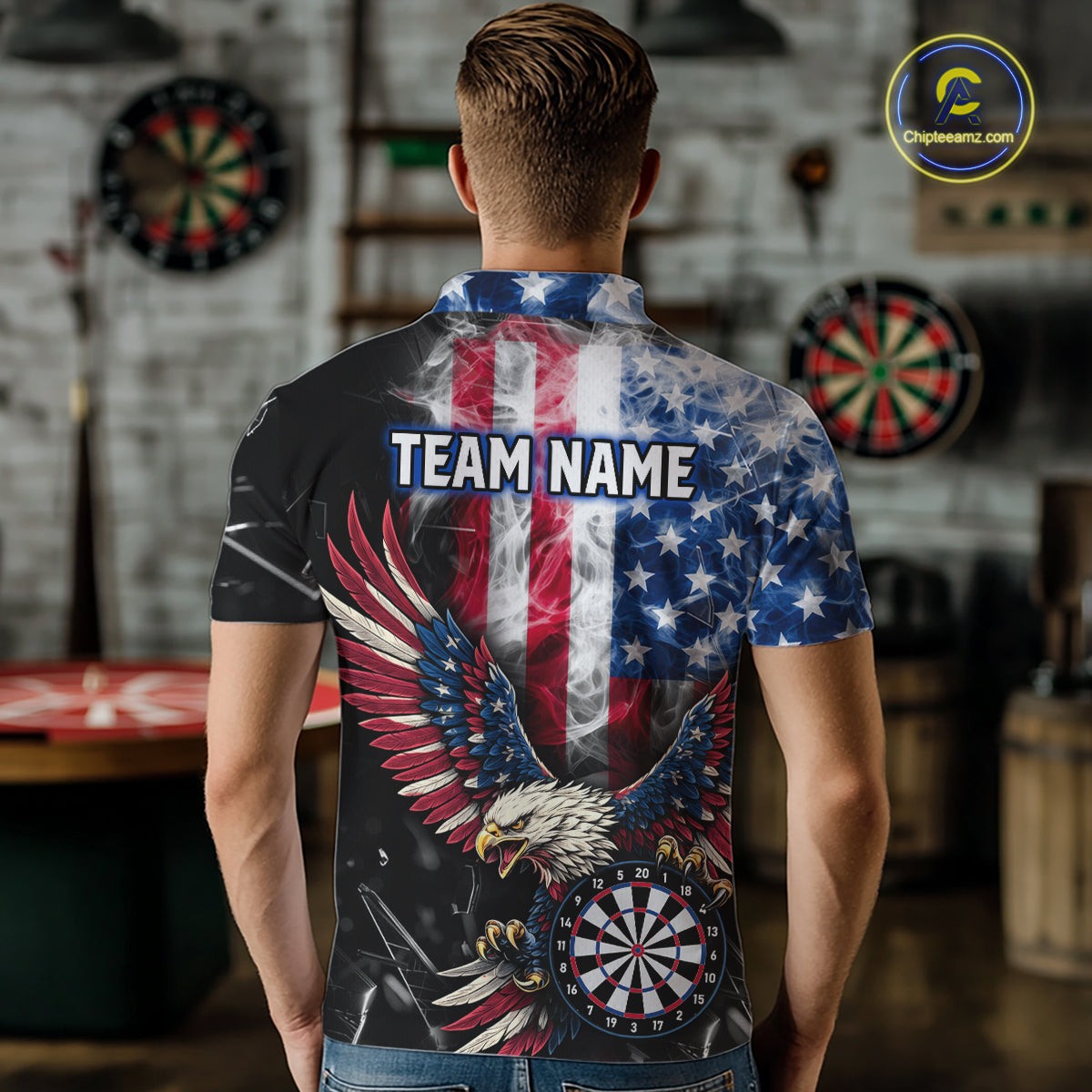 Smoking US Flag & Eagle Dartboard Men Darts Polo Shirt Custom Patriotic Dart Team Jerseys NYN2511