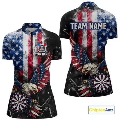 Smoking US Flag & Eagle Dartboard Women Darts Quarter-Zip Shirt Custom Patriotic Dart Team Jerseys NYN2511
