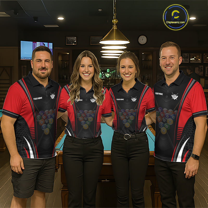 Professional billiard team wearing matching Black & Red jerseys with personalized names, APA league uniforms, corporate team building apparel, championship clothing, teamwork, leadership, success, cue sports community.