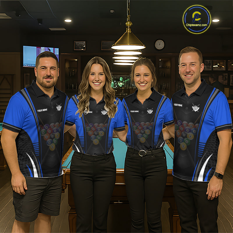 Pool team wearing matching Black & Blue uniforms, personalized team names, pool tournament apparel, esports-inspired sportswear, teamwork, competitive excellence, modern cue sports fashion.