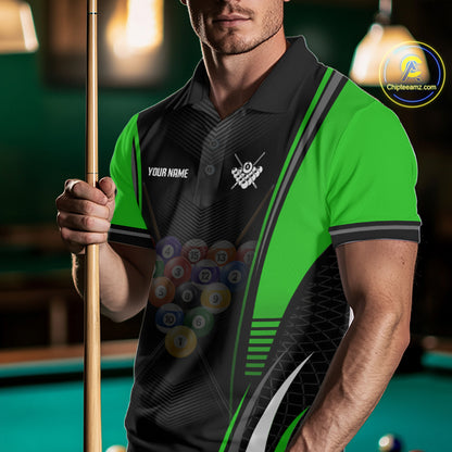 Male player modeling Black & Green pool shirt featuring championship style, leadership symbolism, personalized cue sports fashion.