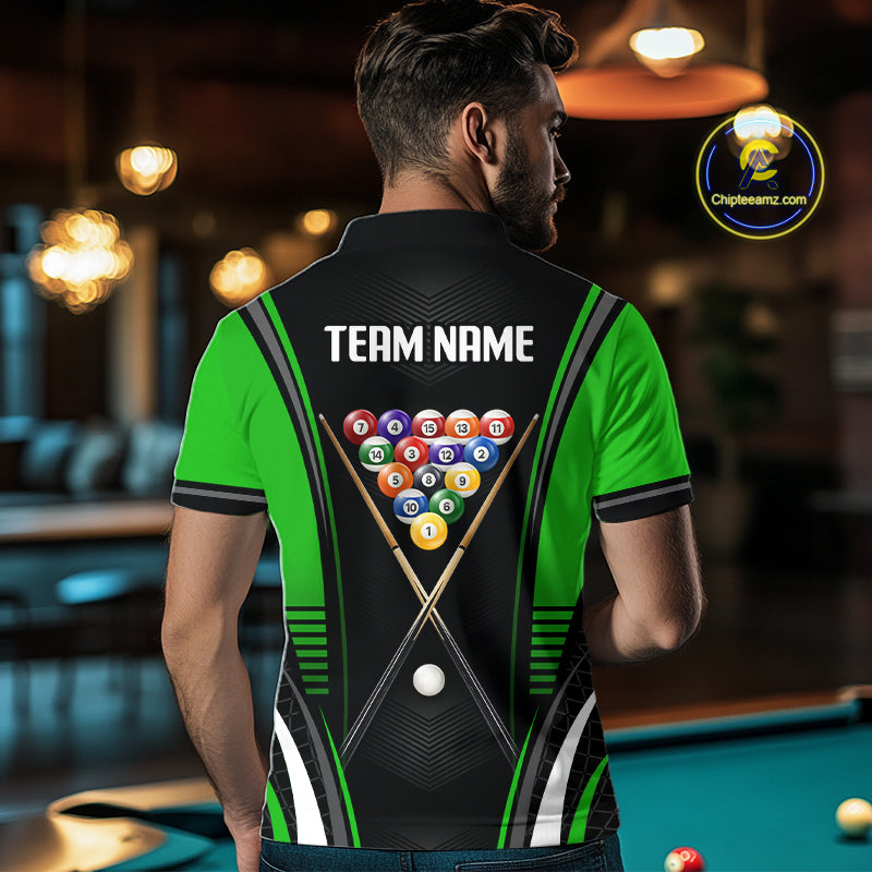 Male player modeling Black & Green pool shirt featuring championship style, leadership symbolism, personalized cue sports fashion.