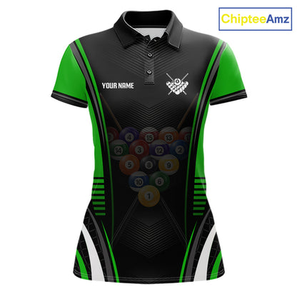 Black & Green Billiard Polo featuring custom pool team name, moisture-wicking performance jersey, professional tournament apparel, personalized cue sports clothing, athletic lifestyle.