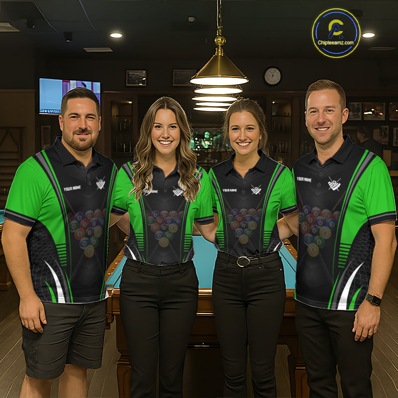 Competitive billiard team wearing matching Black & Green jerseys, professional league uniforms, corporate sports event apparel, teamwork, perseverance, championship spirit.