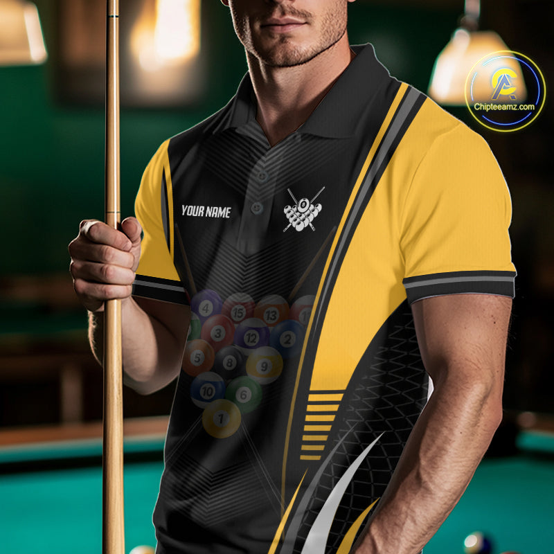 Male pool player wearing Black & Yellow custom billiard shirt representing victory, determination, championship mindset and athletic lifestyle.