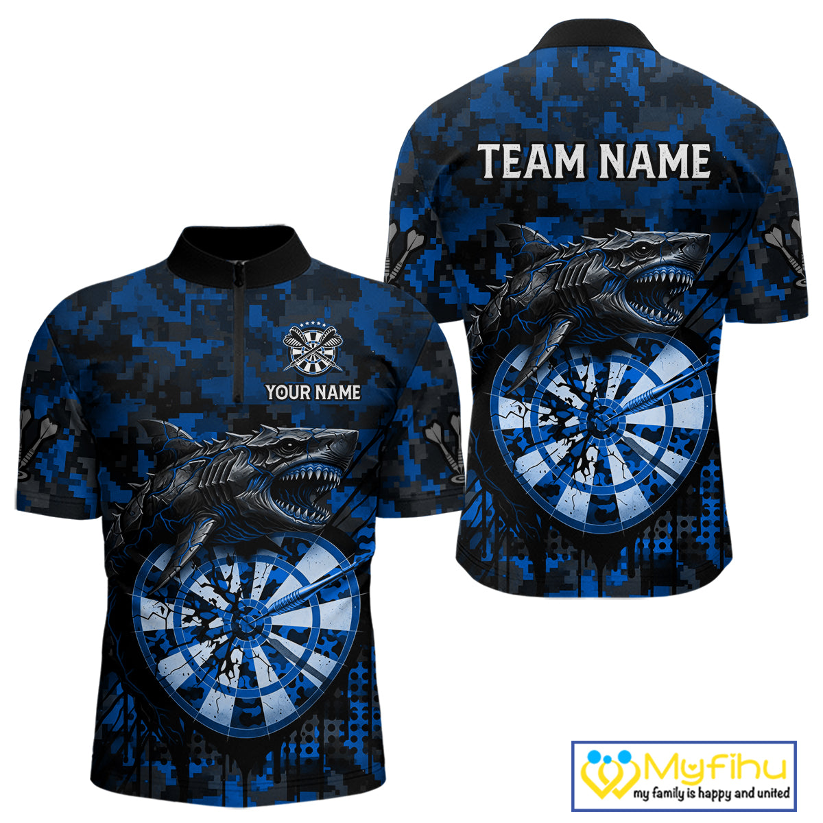Custom Blue Digital Camo Dartboard Horror Shark Darts Quarter-Zip Shirt For Men Dart Gifts NYN1966