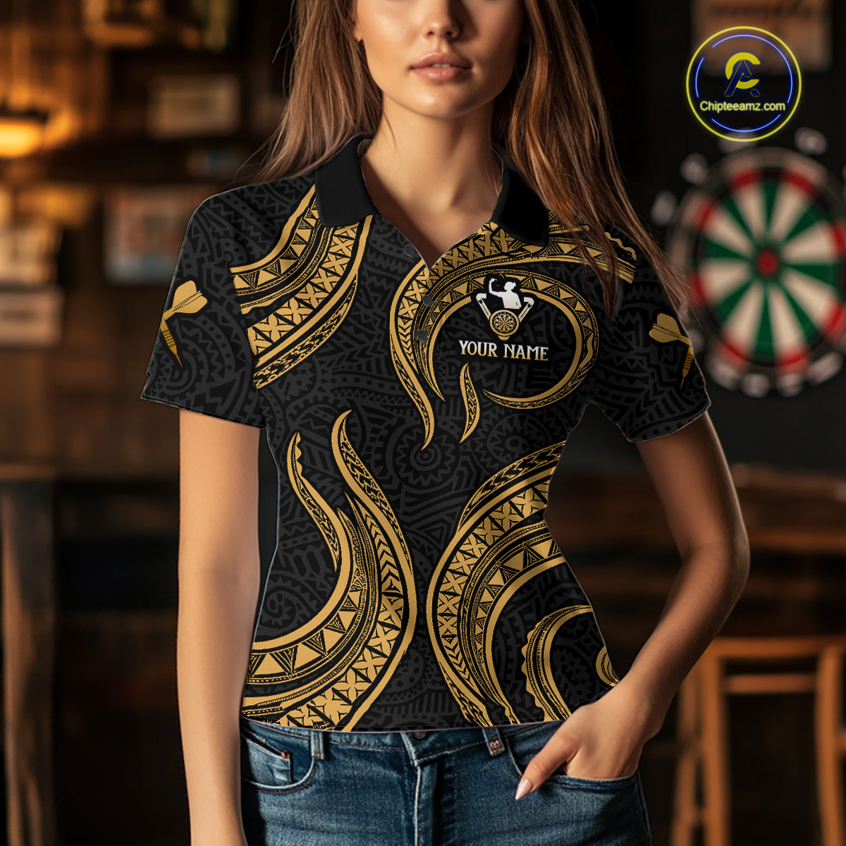 Black And Gold Tribal Human Play Dartboard Darts Polo Shirt Personalized Dart Jerseys For Women NYN2518