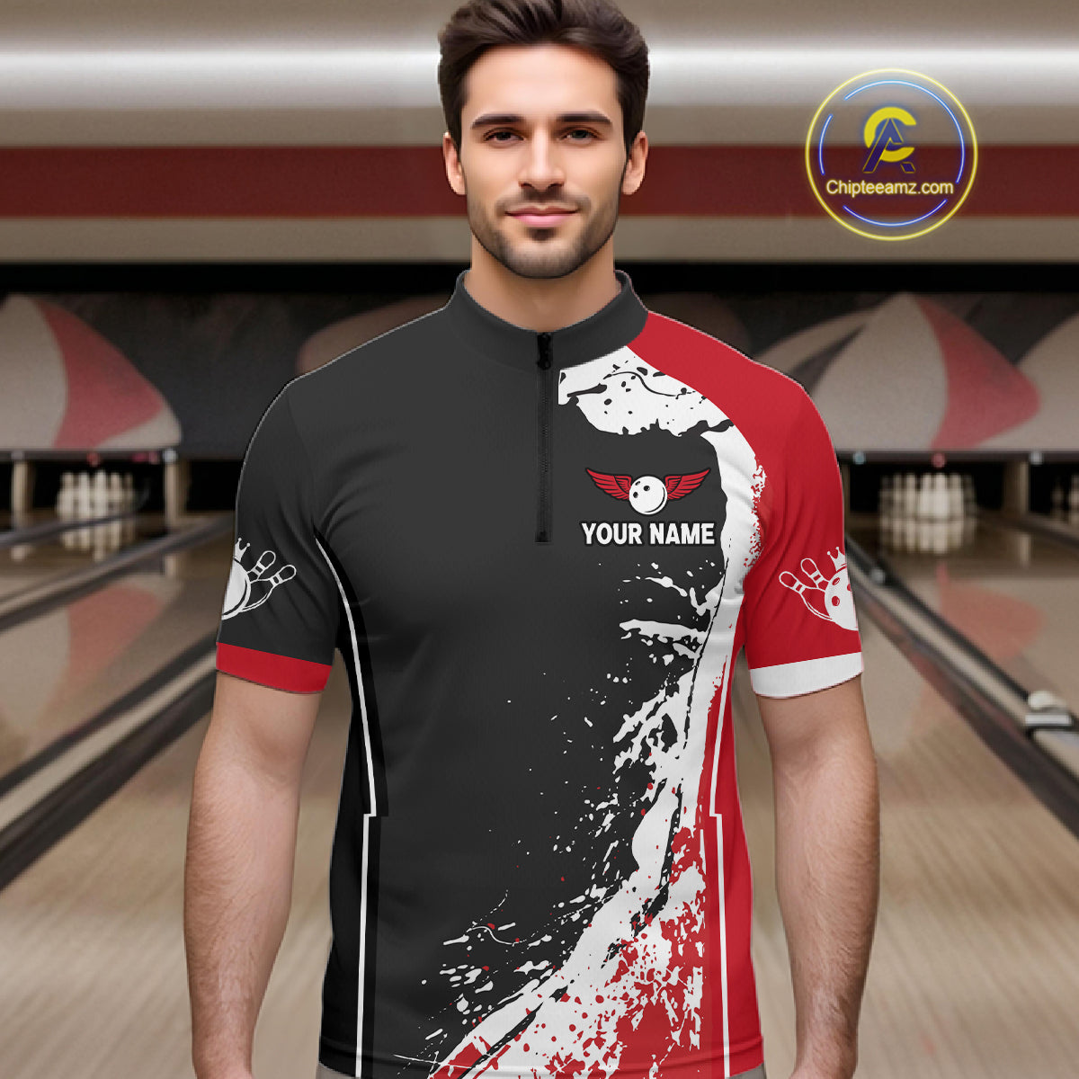 Personalized Funny Rooster Bowling Polo & 1/4-Zip Shirts For Men Splatter Bowling Team Jersey NYN2725