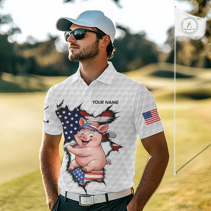 Men's model wearing Funny Pig Patriot Golf Polo Shirt, patriotic golf apparel, American flag golf fashion, custom golf clothing, personalized golf team outfit.