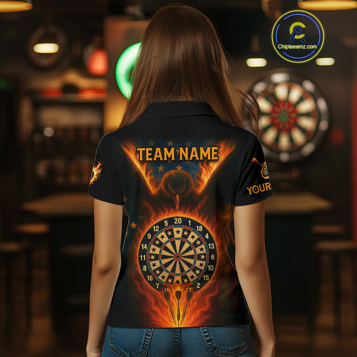 Women's US Flag Patriotic Darts Shirt Personalized Flame Eagle Dartboard Dart Team Jerseys NYN1129