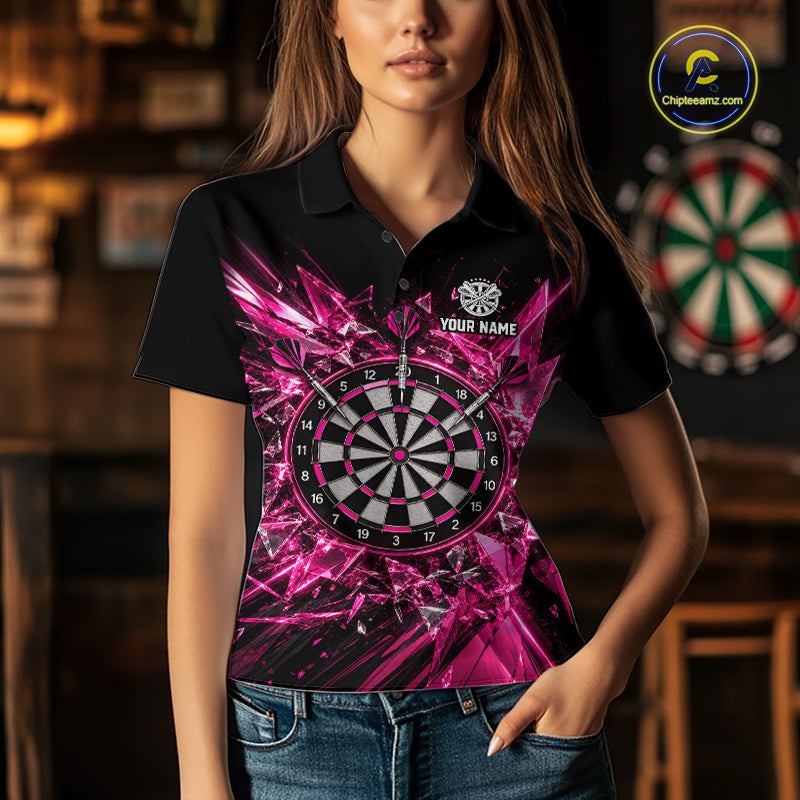 Pink Broken Glass Darts Polo 1/4-Zip Shirt For Women Custom Darts Team Tournament Jersey NYN4894