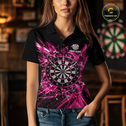 Pink Broken Glass Darts Polo 1/4-Zip Shirt For Women Custom Darts Team Tournament Jersey NYN4894