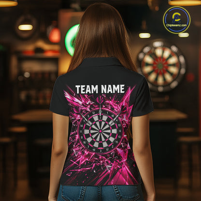 Pink Broken Glass Darts Polo 1/4-Zip Shirt For Women Custom Darts Team Tournament Jersey NYN4894