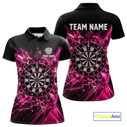 Pink Broken Glass Darts Polo 1/4-Zip Shirt For Women Custom Darts Team Tournament Jersey NYN4894