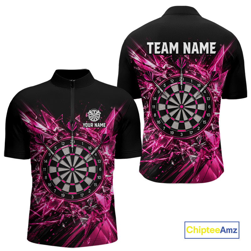 Pink Broken Glass Darts Polo 1/4-Zip Shirt For Men Custom Darts Team Tournament Jersey NYN4894