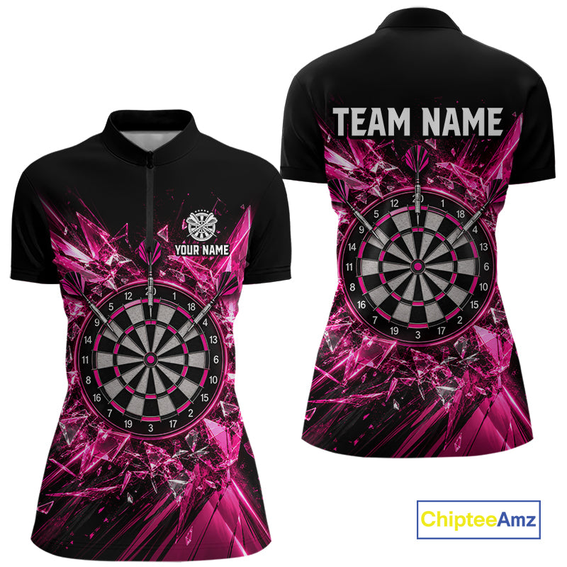 Pink Broken Glass Darts Polo 1/4-Zip Shirt For Women Custom Darts Team Tournament Jersey NYN4894