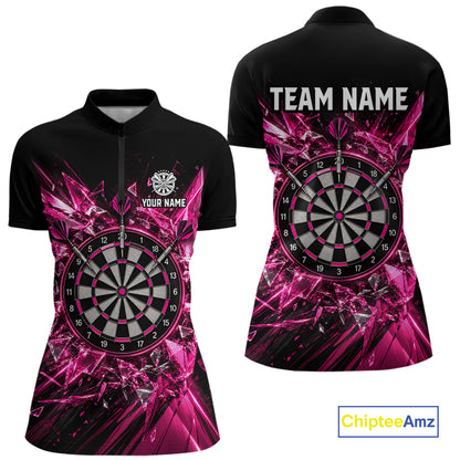 Pink Broken Glass Darts Polo 1/4-Zip Shirt For Women Custom Darts Team Tournament Jersey NYN4894