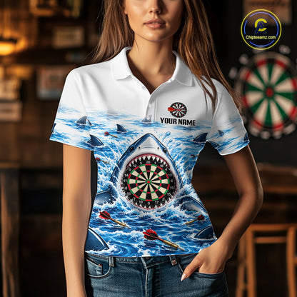 Funny Shark Darts Polo 1/4-Zip Shirt For Women Custom Blue Waving Shark Darts Team Jersey NYN4898