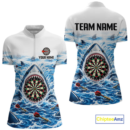 Funny Shark Darts Polo 1/4-Zip Shirt For Women Custom Blue Waving Shark Darts Team Jersey NYN4898