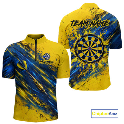 Blue And Yellow Dartboard Darts Polo 1/4-Zip Shirt For Men Custom Splatter Darts Team Jersey NYN4904