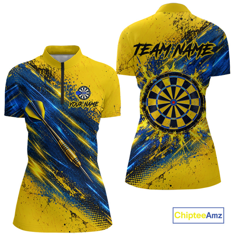 Blue And Yellow Dartboard Darts Polo 1/4-Zip Shirt For Women Custom Splatter Darts Team Jersey NYN4904