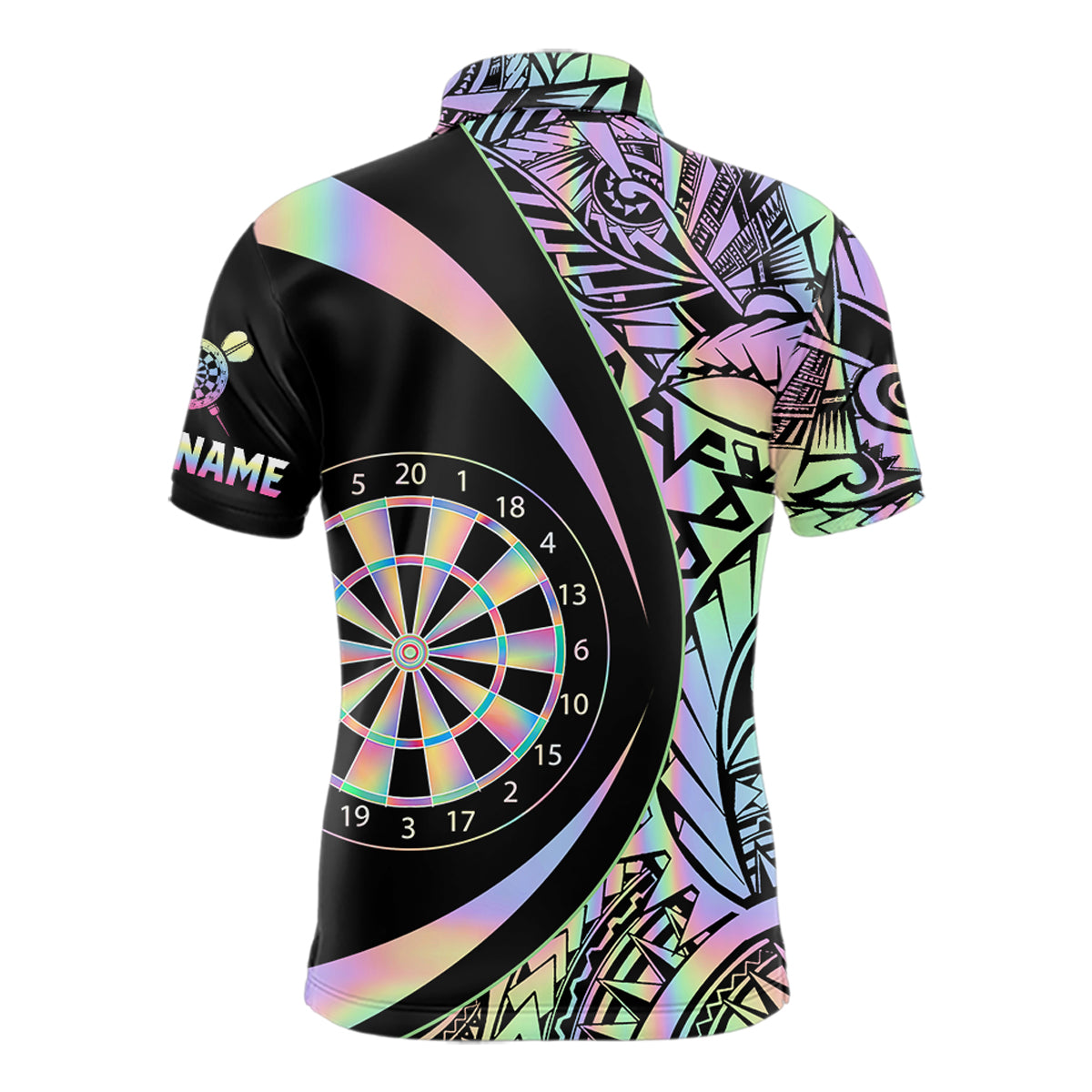 Black & Holographic Rainbow Tribal Dartboard Darts Polo Shirt For Men Custom Dart Team Jerseys NYN2522