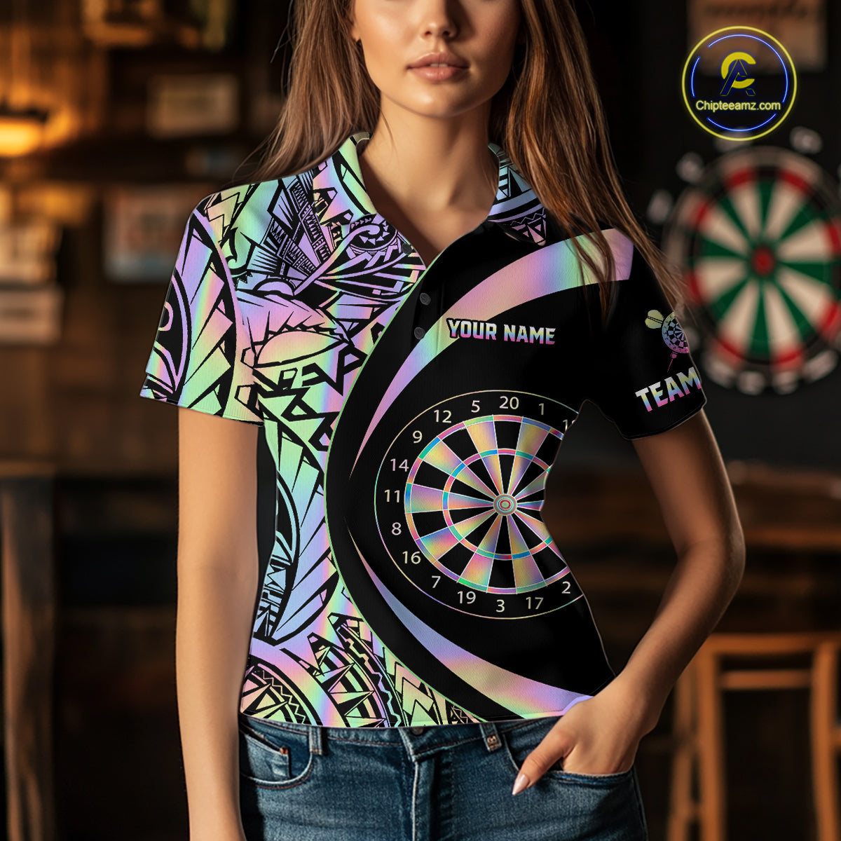 Black & Holographic Rainbow Tribal Dartboard Darts Polo Shirt For Women Custom Dart Team Jerseys NYN2522