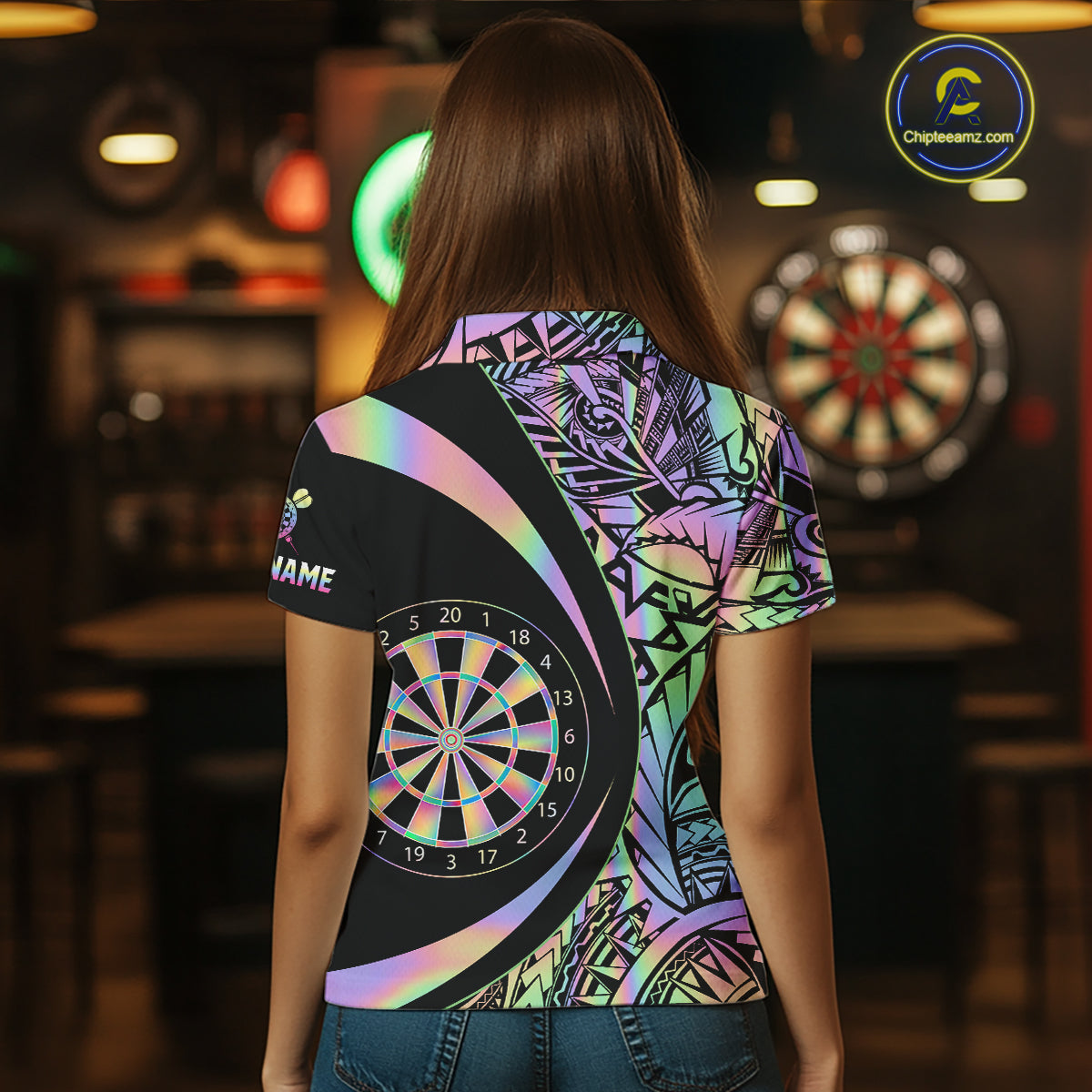 Black & Holographic Rainbow Tribal Dartboard Darts Polo Shirt For Women Custom Dart Team Jerseys NYN2522