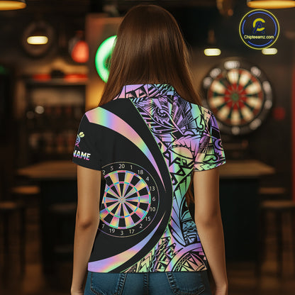 Black & Holographic Rainbow Tribal Dartboard Darts Polo Shirt For Women Custom Dart Team Jerseys NYN2522