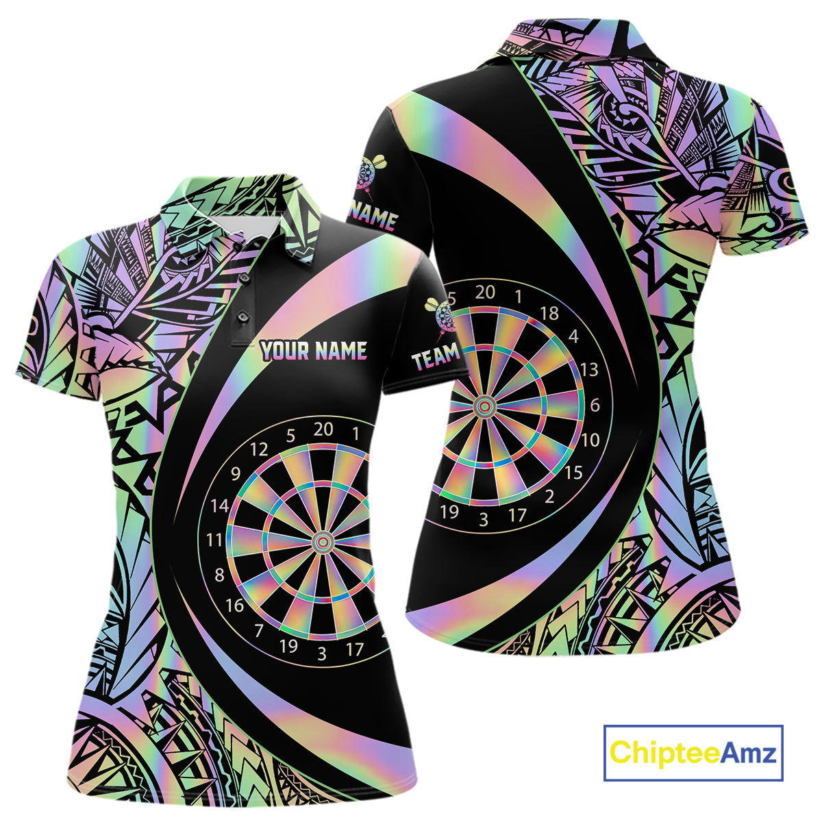 Black & Holographic Rainbow Tribal Dartboard Darts Polo Shirt For Women Custom Dart Team Jerseys NYN2522