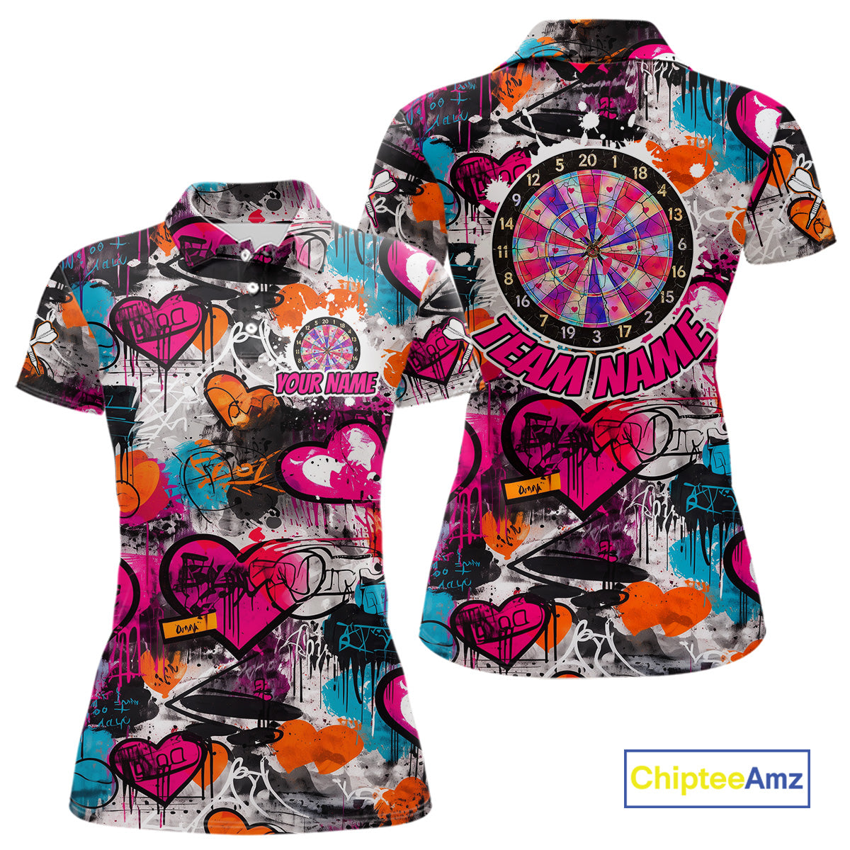 Colorful Heart Graffiti Dartboard Women Darts Polo Shirt Custom Couple Dart Valentine Jerseys NYN2528