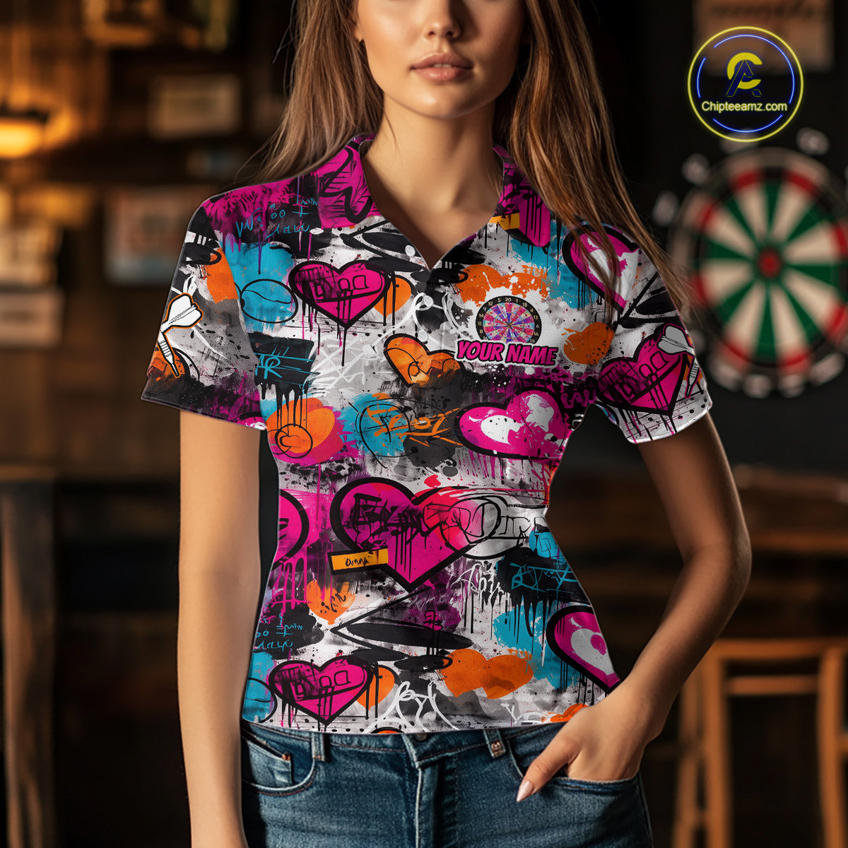 Colorful Heart Graffiti Dartboard Women Darts Polo Shirt Custom Couple Dart Valentine Jerseys NYN2528