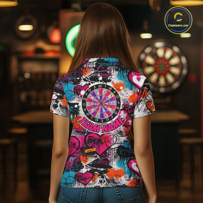 Colorful Heart Graffiti Dartboard Women Darts Polo Shirt Custom Couple Dart Valentine Jerseys NYN2528