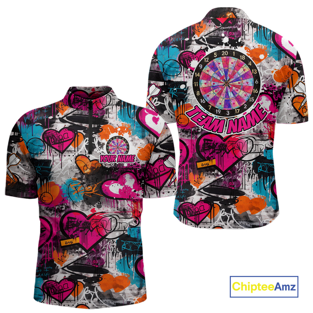 Colorful Heart Graffiti Dartboard Men Darts Quarter-zip Shirt Custom Couple Dart Valentine Jerseys NYN2528