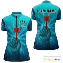 Load image into Gallery viewer, Women’s Custom Darts Shirt - Turquoise Lightning Fist With Maroon Dart Arrow NYN0316