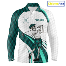Load image into Gallery viewer, Custom Skeleton Golfer Golf Polo Shirts For Men Teal Argyle Pattern Golf Team Clothing NYN3265
