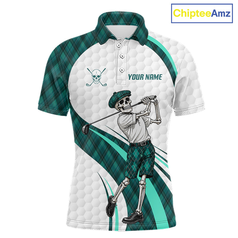 Custom Skeleton Golfer Golf Polo Shirts For Men Teal Argyle Pattern Golf Team Clothing NYN3265