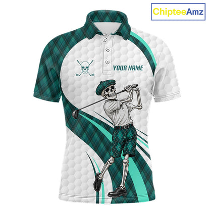 Custom Skeleton Golfer Golf Polo Shirts For Men Teal Argyle Pattern Golf Team Clothing NYN3265
