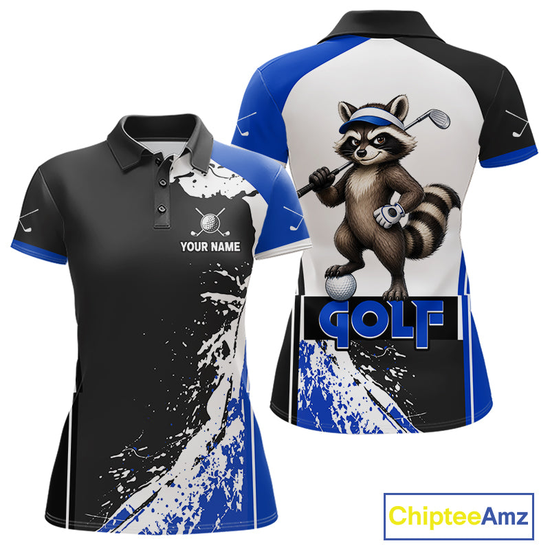 Funny Raccoon Women's Golf Polo Shirt mockup with blue splatter artwork, personalized golf polo, custom golf team apparel, wildlife golf clothing, breathable golf shirt, golf tournament uniform.