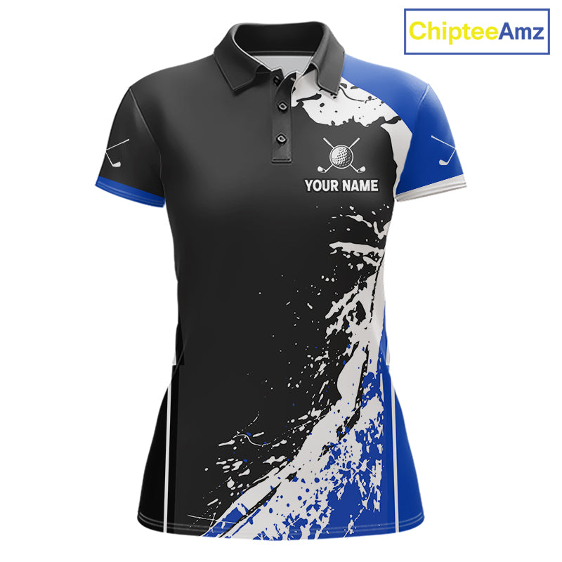 Funny Raccoon Women's Golf Polo Shirt mockup with blue splatter artwork, personalized golf polo, custom golf team apparel, wildlife golf clothing, breathable golf shirt, golf tournament uniform.