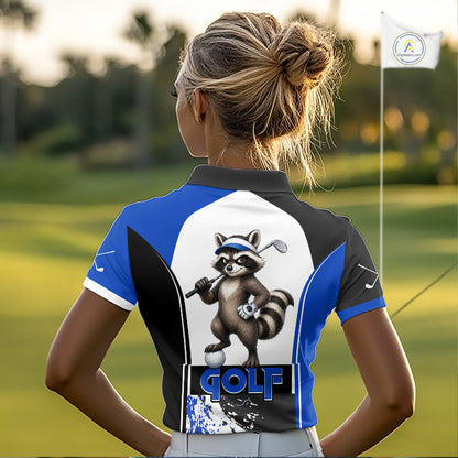 Women's model wearing Funny Raccoon Golf Polo Shirt, woodland golf apparel, raccoon mascot golf fashion, personalized golf outfit, custom golf team clothing.